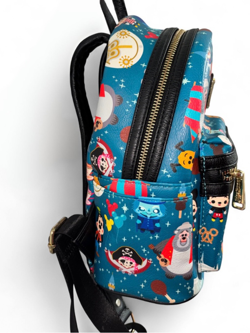Disney Parks Loungefly Mini Backpack Teal Character Attractions Print - Picture 2 of 9